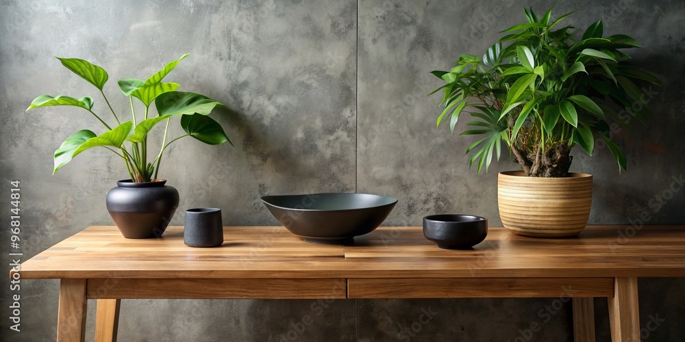 Minimalist Home Decor with Plants and Bowls, Concrete Background, Wood Table, Plant, Interior Design, Home Decoration, Minimalism Minimalist Home Decor with Plants and Bowls, Concrete Background, Wood Table, Plant, Interior Design, Home Decoration, Minimalism