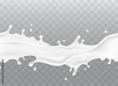 Milk splash seamless pattern. 3d white realistic yogurt wave border on transparent background. Vector milky package design