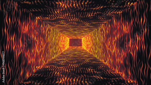 Abstract futuristic 3D particle tunnel background. Square tunnel with bright particles. Shiny particle tunnel. Vector illustration.