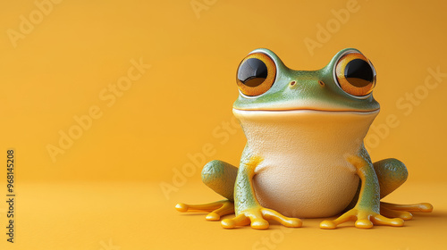 Cute cartoon frog with large yellow eyes and speckled turquoise skin sitting on a bright yellow background with copy space, children's media, educational content, and playful marketing photo