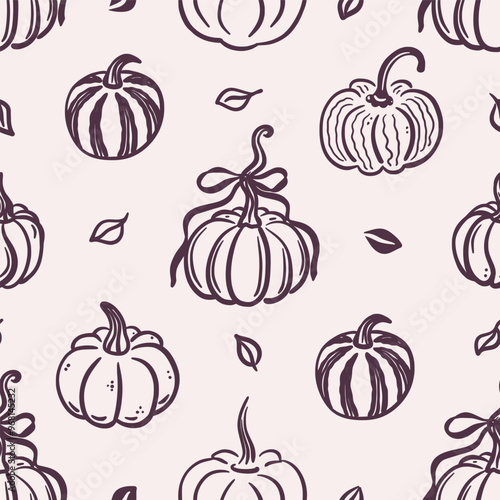 Seamless pattern of pumpkins and leaves on beige background. Hand-drawn black line art. Cozy fall season. Autumn harvest. Thanksgiving celebration. Vector design for textile, wallpaper, wrapping paper