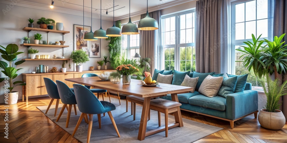 Modern Dining Room with Teal Sofa and Wooden Accents, Interior Design, Home Decor, Furniture Modern Dining Room with Teal Sofa and Wooden Accents, Interior Design, Home Decor, Furniture