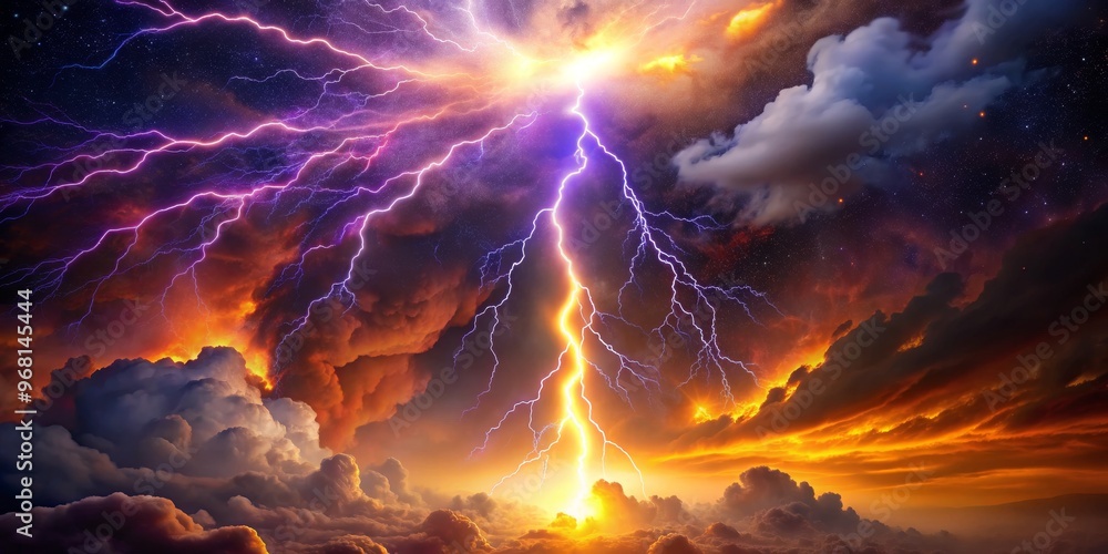 Fiery Sky with Lightning Bolt and Starry Clouds, storm, clouds, lightning Fiery Sky with Lightning Bolt and Starry Clouds, storm, clouds, lightning