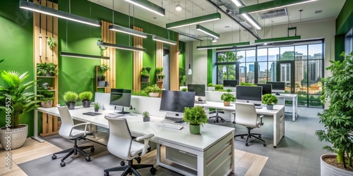 Modern Green Office Interior with City View, Green, Office, Interior Design