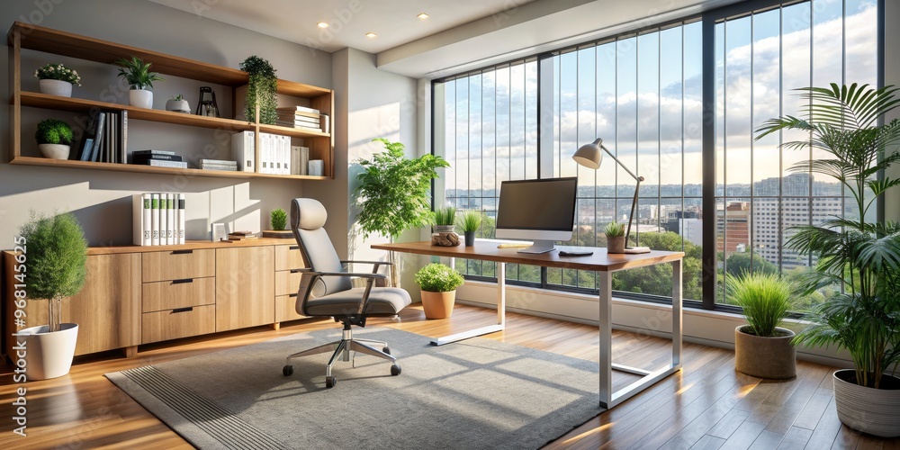 Modern Home Office with Desk and City View, home office , office interior , modern office Modern Home Office with Desk and City View, home office , office interior , modern office