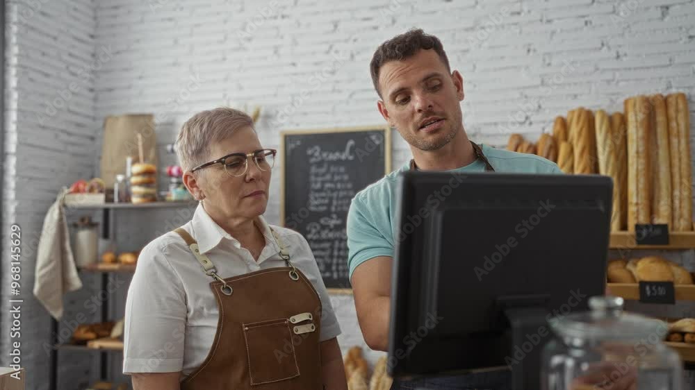 Woman and man working together inside a bakery, focusing on a computer screen with bakery products in the background Woman and man working together inside a bakery, focusing on a computer screen with bakery products in the background