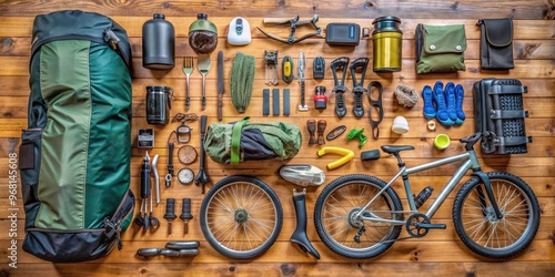 Flatlay Composition of Essential Gear for a Cycling Adventure, bike, cycling, adventure , gear