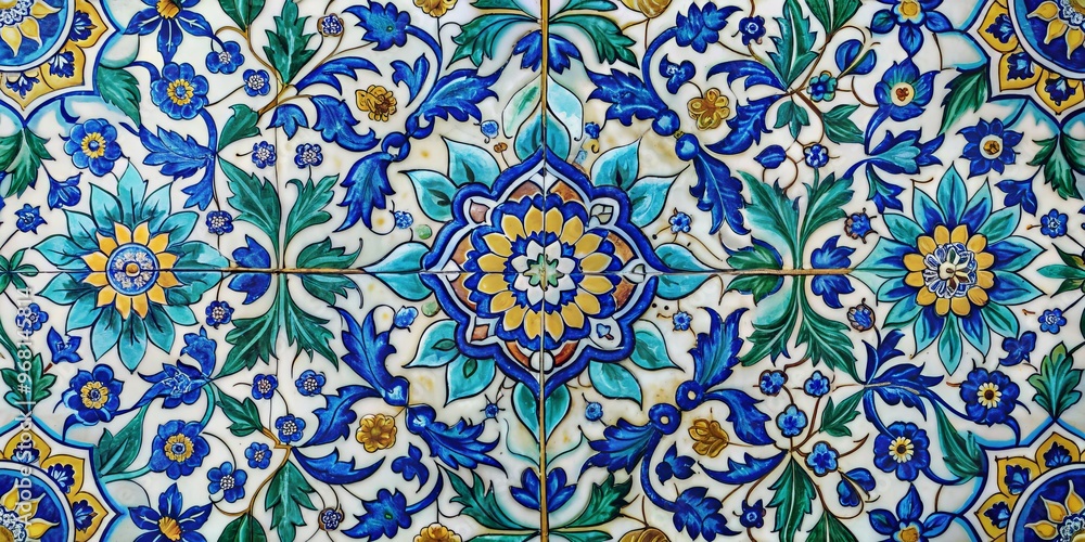 Floral Tile Pattern with Blue and Yellow Flowers, Green Leaves, and White Background, Ceramic Tile, Islamic Art, Ottoman Art Floral Tile Pattern with Blue and Yellow Flowers, Green Leaves, and White Background, Ceramic Tile, Islamic Art, Ottoman Art