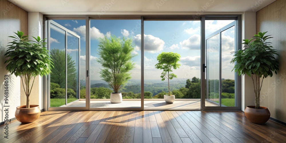 Fototapeta premium Modern Interior with Sliding Doors and Green Views, Interior Design, Home Decor, Minimalism