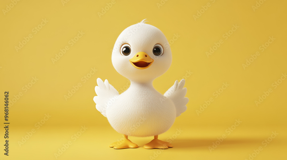 Cute cartoon duck with big eyes, white feathers, and an open beak standing on a bright yellow background with copy space, children's media, educational content, and playful marketing campaigns Cute cartoon duck with big eyes, white feathers, and an open beak standing on a bright yellow background with copy space, children's media, educational content, and playful marketing campaigns