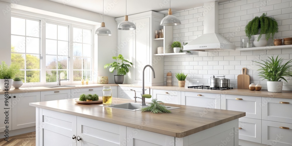 Modern Kitchen Island with Wood Countertop, White Cabinets and Stainless Steel Sink, Kitchen, Interior Design, Home Decor Modern Kitchen Island with Wood Countertop, White Cabinets and Stainless Steel Sink, Kitchen, Interior Design, Home Decor