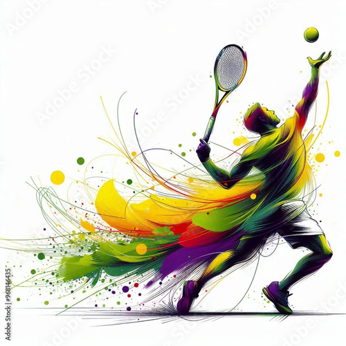 Tennis player serving with a splash of vibrant colorful energy

