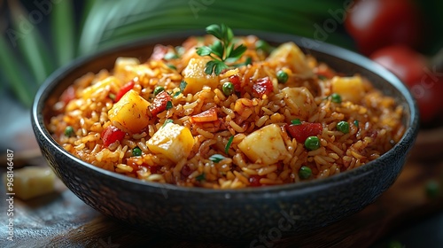 A bowl of rice with vegetables, including tomatoes, peas, and pineapple, garnished with parsley.