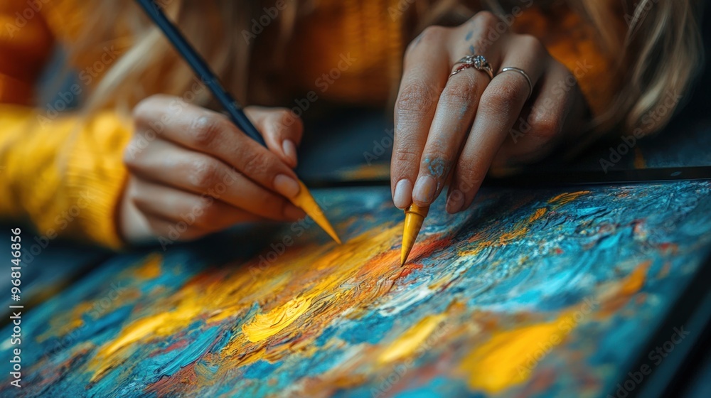 Obraz premium someone holding colored pencils who is painting