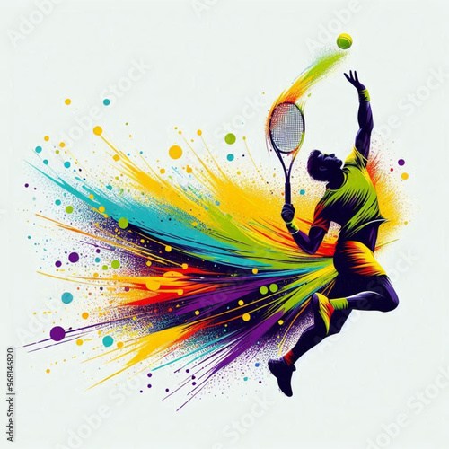 Tennis player serving with a splash of vibrant colorful energy

