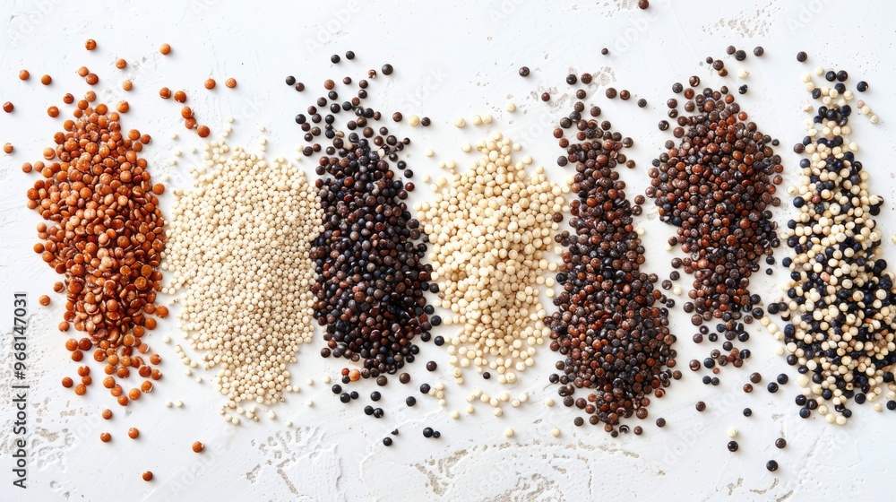Naklejka premium Assorted quinoa grains on a white surface, top view.