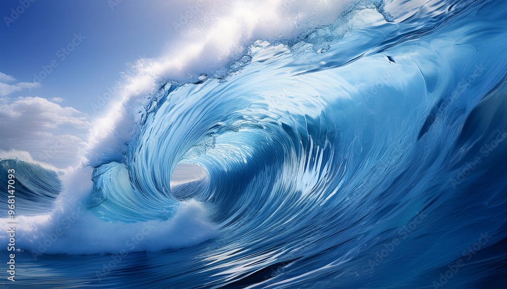 Vivid blue ocean wave captured in motion under clear skies Vivid blue ocean wave captured in motion under clear skies