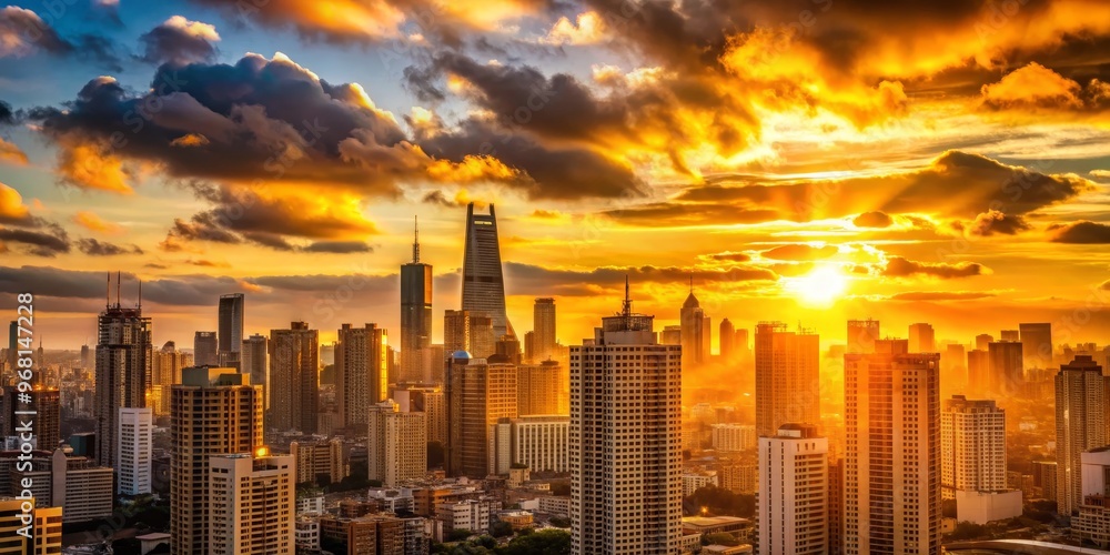Obraz premium Golden Hour Skyscrapers, Shanghai, China, Urban Landscape, Cityscape, Sunset, Skyline