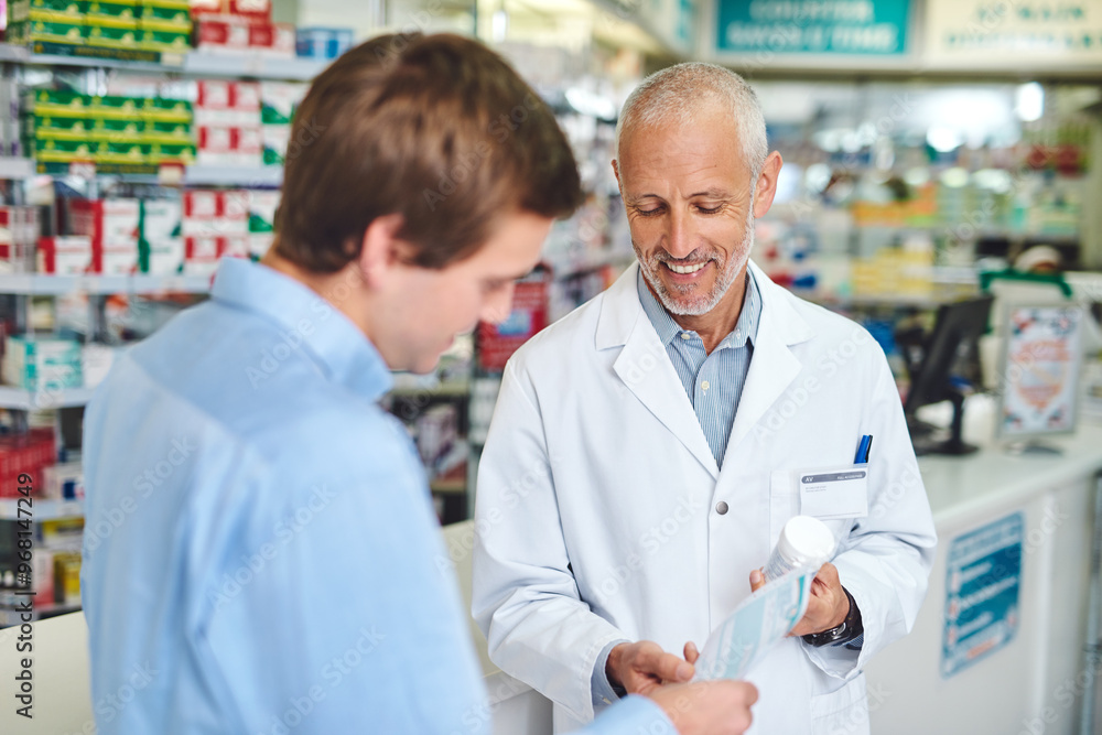 Obraz premium Pharmacy, healthcare and prescription with people in store for pills, advice and medicine. Medical, insurance and antibiotic consulting with pharmacist in clinic for help, drugstore and dispensary