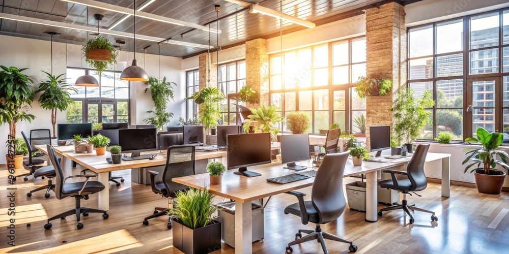 Modern Office Interior with Sunlight and Plants, Wide Shot, Composition Horizontal, Image Details Bright, Sunlit, Concept Open Workspace, Productivity Modern Office Interior with Sunlight and Plants, Wide Shot, Composition Horizontal, Image Details Bright, Sunlit, Concept Open Workspace, Productivity