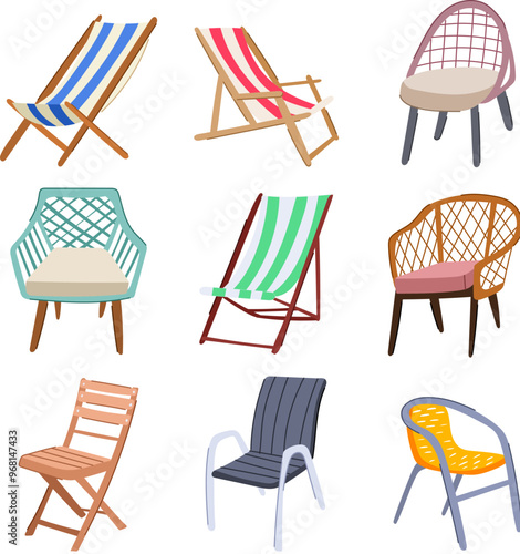 deck chair set cartoon. sunbathing lounging, garden patio, folding portable deck chair sign. isolated symbol vector illustration