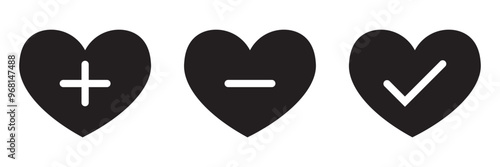 Add to wishlist icon set in flat style. Love with plus symbol vector