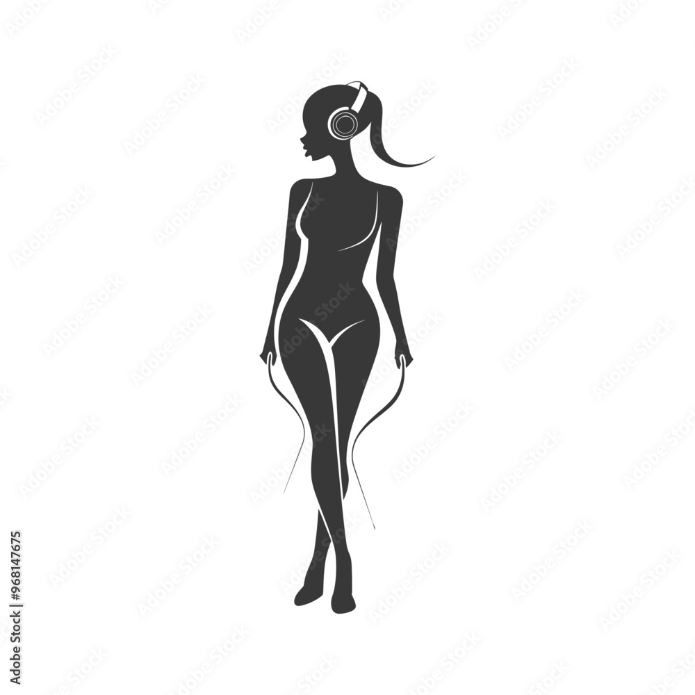 Silhouette of a woman with headphones and skipping rope Silhouette of a woman with headphones and skipping rope