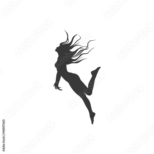 Silhouette of a woman with flowing hair jumping in mid air