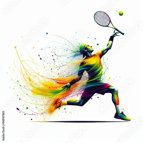 Tennis player serving with a splash of vibrant colorful energy

