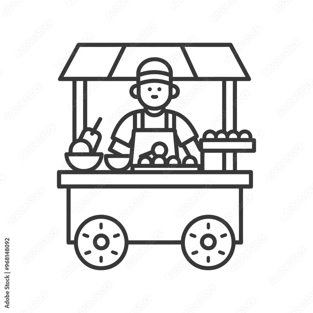 Line drawing of a street vendor with a cart selling fruit Line drawing of a street vendor with a cart selling fruit
