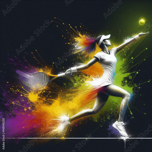 Tennis player serving with a splash of vibrant colorful energy

