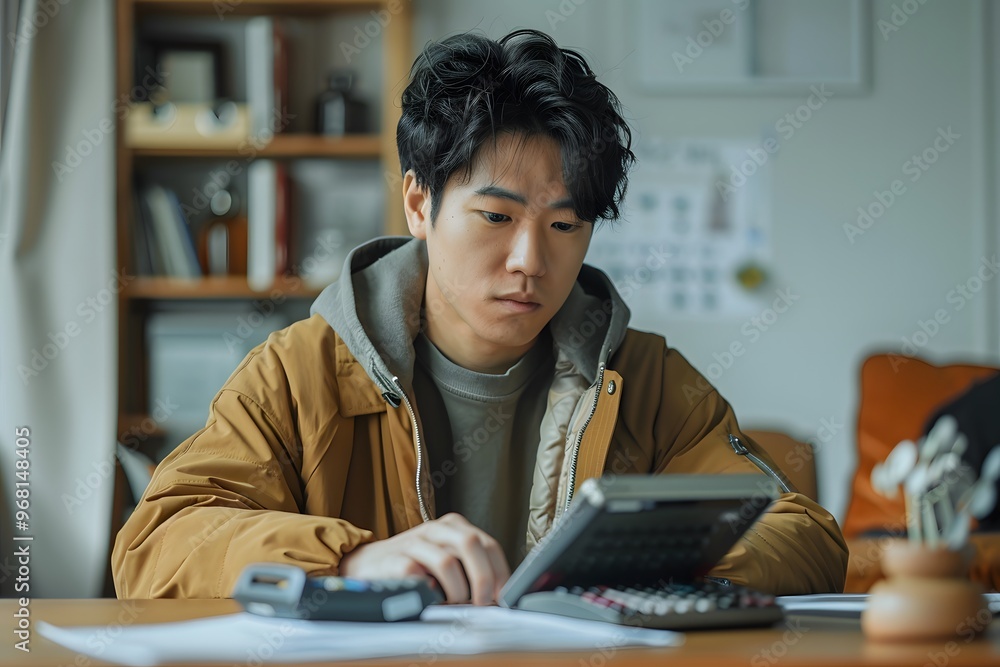 Focused Young Man Working on a Calculator in a Cozy Home Office Focused Young Man Working on a Calculator in a Cozy Home Office