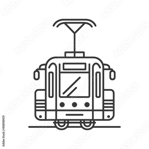 Line drawing of a tram with trolley pole