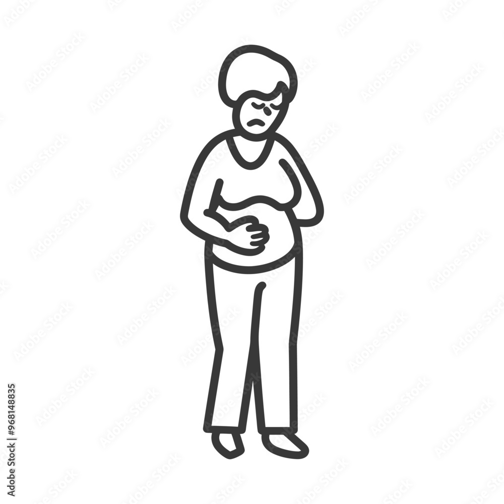 Line drawing of a woman holding her stomach in pain Line drawing of a woman holding her stomach in pain