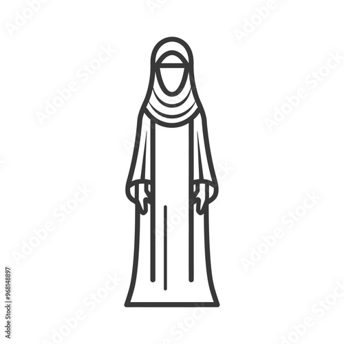 Line drawing of a woman in a traditional Muslim abaya and hijab