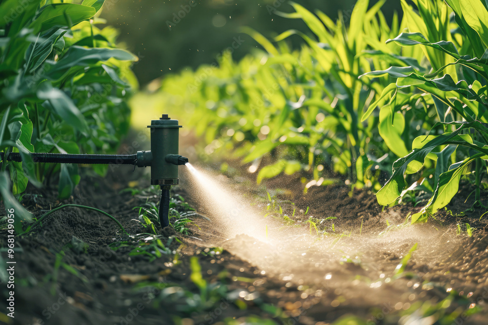 A close-up of a sprinkler system in action, splashing water over vibrant green crops in a field, showcasing the importance of irrigation in farming A close-up of a sprinkler system in action, splashing water over vibrant green crops in a field, showcasing the importance of irrigation in farming