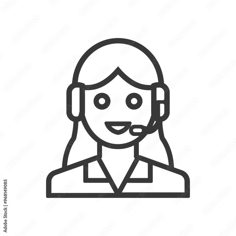 Line drawing of a woman wearing a headset and smiling Line drawing of a woman wearing a headset and smiling