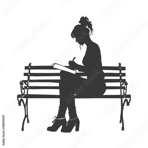 Silhouette of a Woman Sitting on a Bench Writing in a Notebook