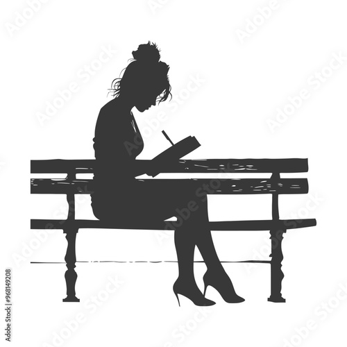 Silhouette of a woman sitting on a bench writing in a notebook
