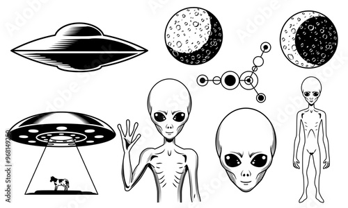 Set of ufo objects. Black and white icons or stickers with alien from another planet and alien spaceship. Design element for print. Hand drawn vector illustration collection isolated on background