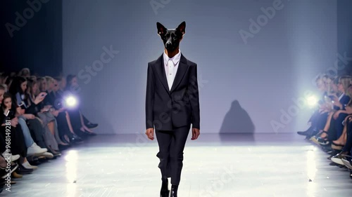 Fashion Runway Show Featuring an Elegant Model with a Dog Head in Stylish Suit, Conceptual Art, Unique and Surreal Modern Fashion Imagery photo