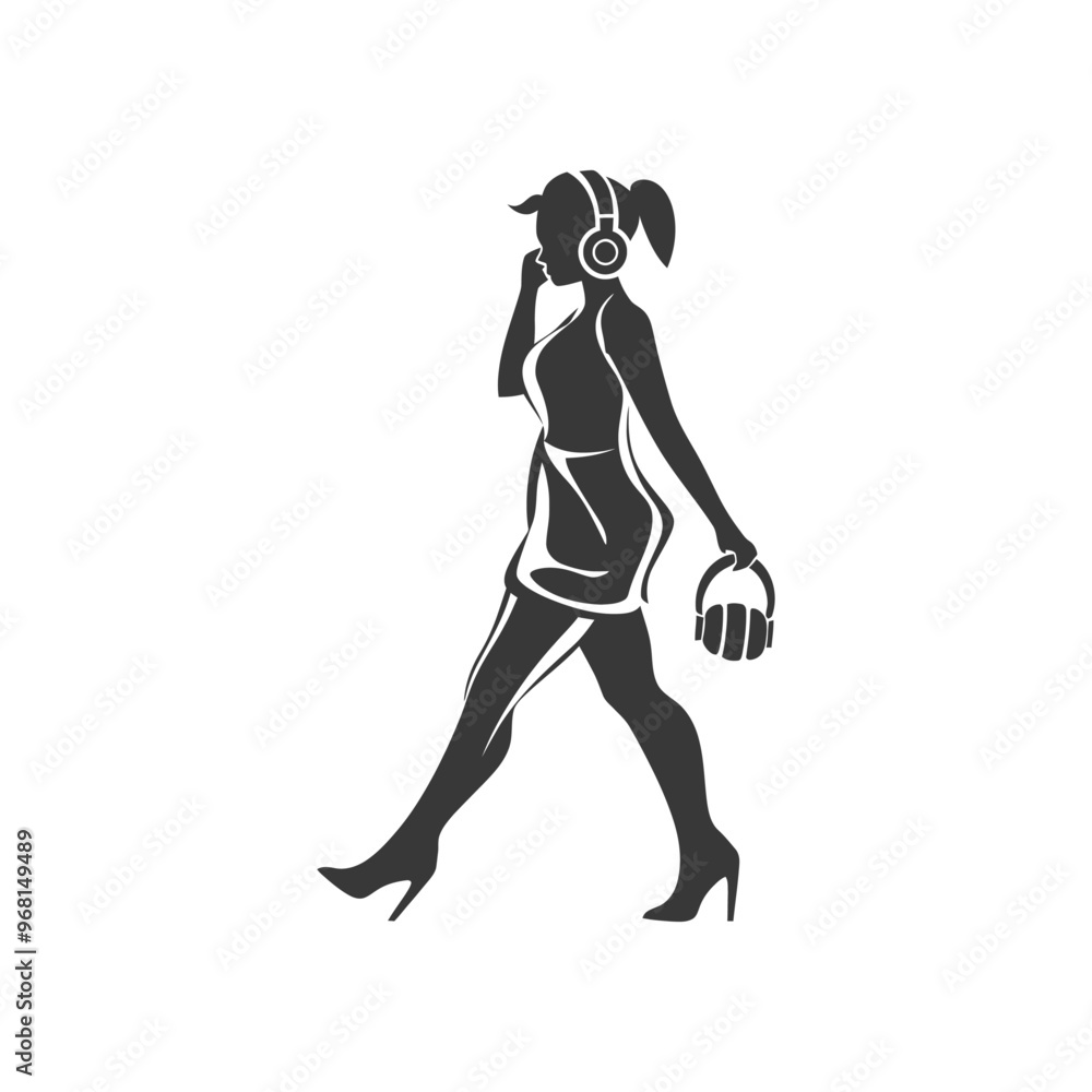 Silhouette of a Woman Walking with Headphones Silhouette of a Woman Walking with Headphones