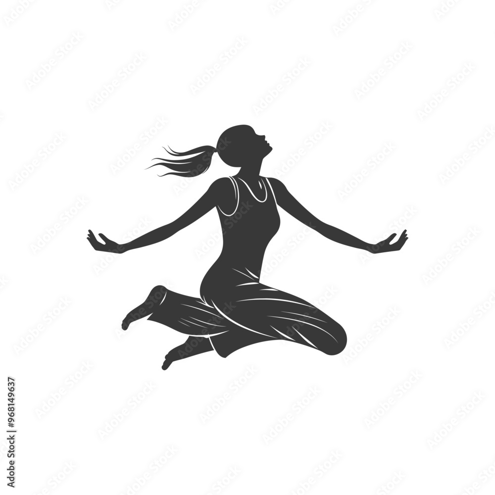 Silhouette of a woman with arms outstretched jumping and looking up Silhouette of a woman with arms outstretched jumping and looking up