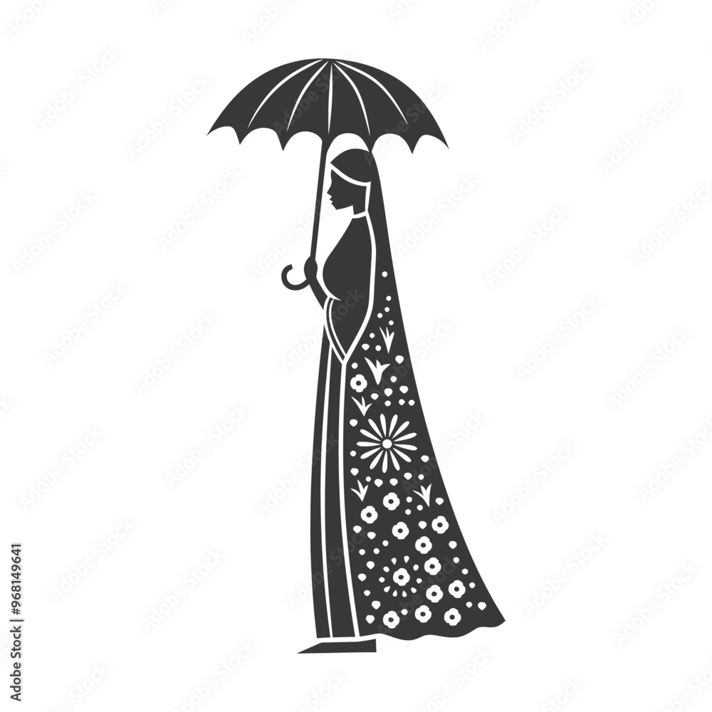 Silhouette of a Woman with an Umbrella and Floral Dress Silhouette of a Woman with an Umbrella and Floral Dress