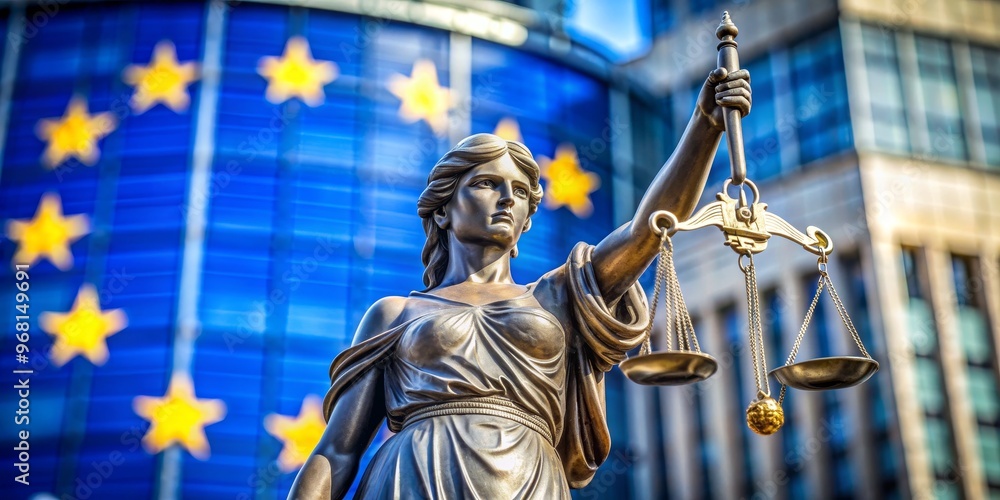 Obraz premium Lady Justice and the EU Flag, Bronze Statue, Scale of Justice, European Union, Law, Justice