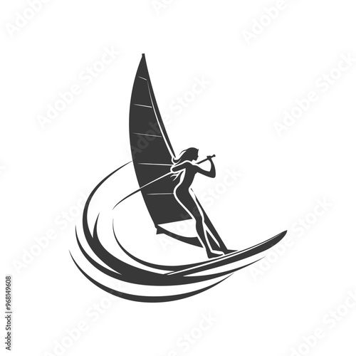 Silhouette of a Woman Windsurfing on a Wave