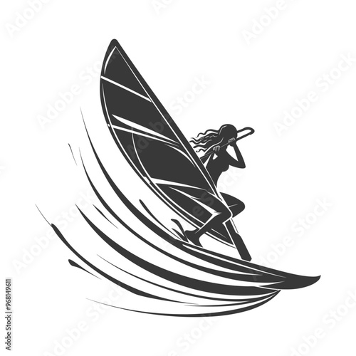 Silhouette of a woman windsurfing on a wave