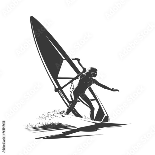Silhouette of a Woman Windsurfing on a Wave