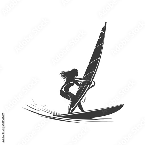 Silhouette of a Woman Windsurfing on a Wave