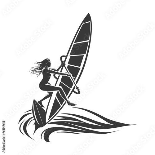 Silhouette of a Woman Windsurfing on a Wave